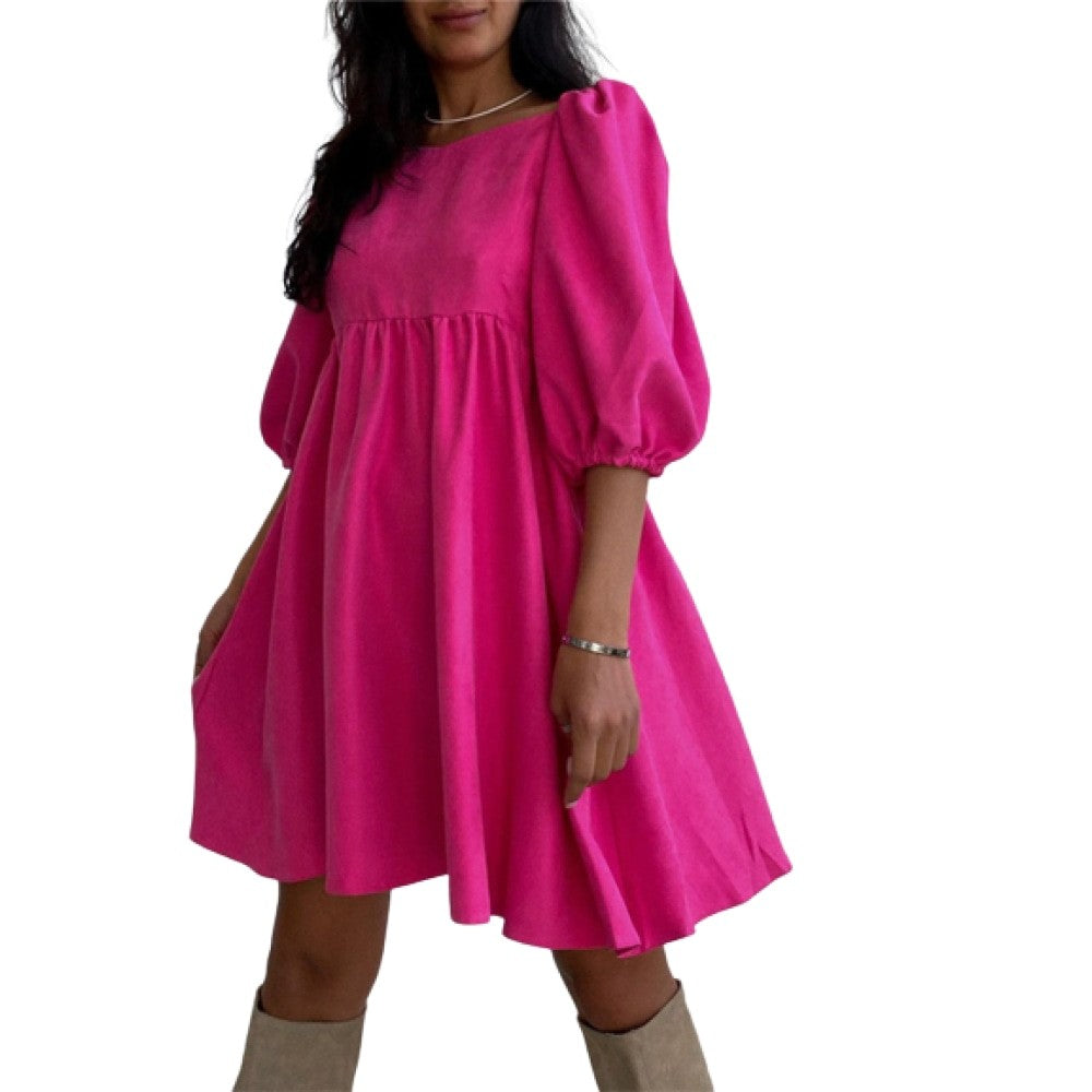 Square Neck Backless Puff Sleeve Loose Dresses