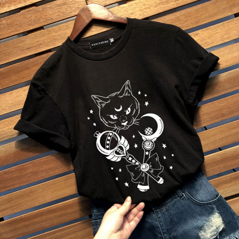 Cosmic Cat Crescent Moon T-shirt