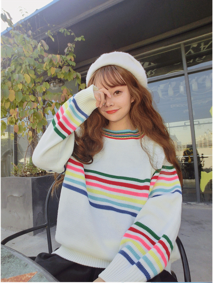 Cute Rainbow Striped Print Knit Sweater