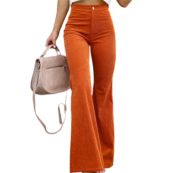 Wide-Waist Solid Color Corduroy Flared Pants