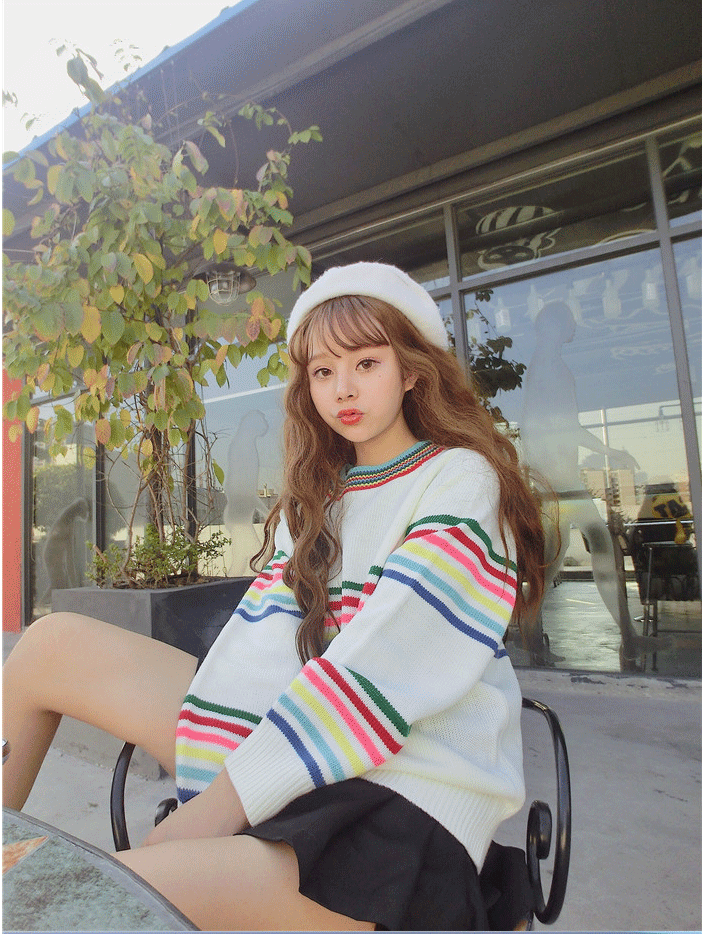 Cute Rainbow Striped Print Knit Sweater