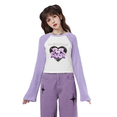 Harajuku Y2k Purple Knitted Splicing Printed T-shirt