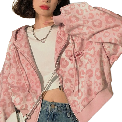 Y2K Pink Leopard Hoodie Jacket