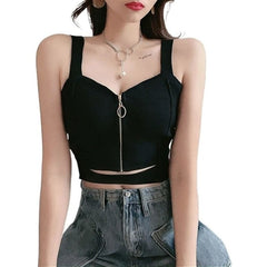 Zipper Fly Knitted Sleeveless Crop Top