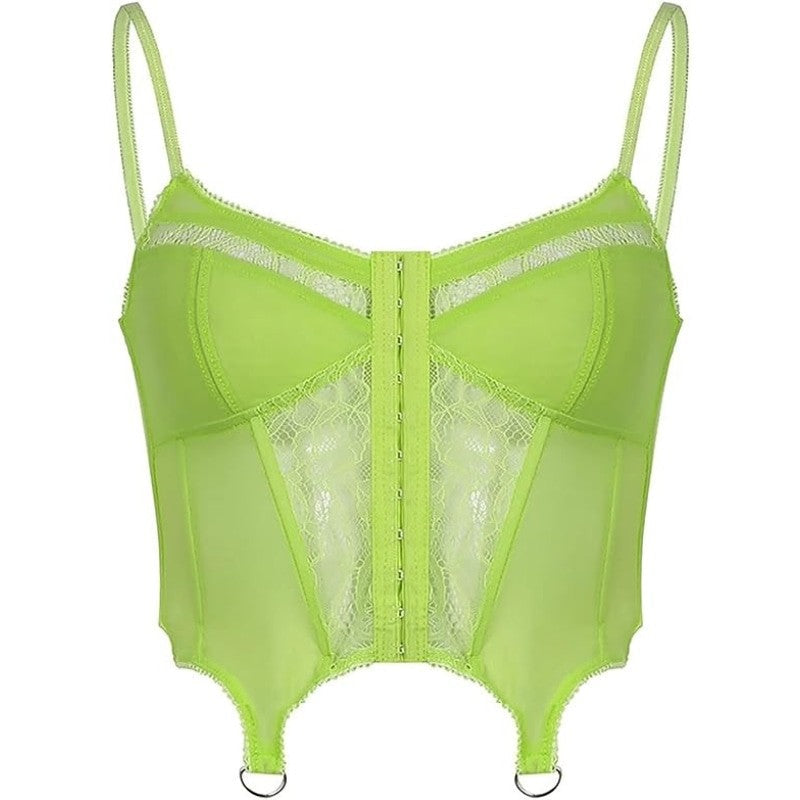 Green Color Spaghetti Strap Push Up Crop Corset