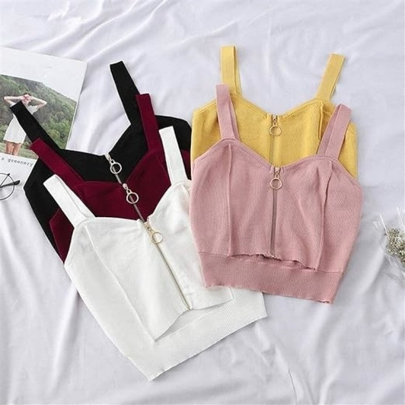 Zipper Fly Knitted Sleeveless Crop Top