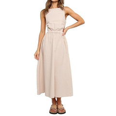 Solid Color Sleeveless Backless Elastic Waist Dress