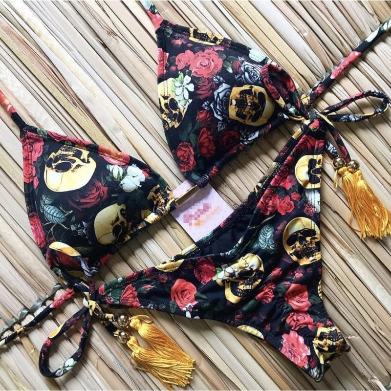 Skull & Roses Sexy Push Up Brazilian Bikini