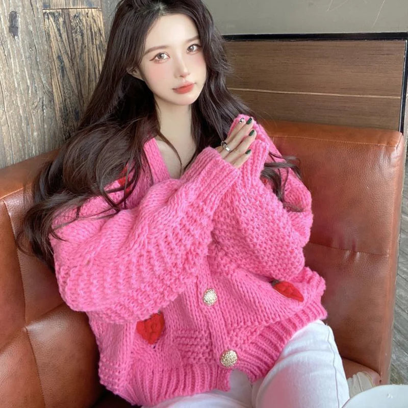 Y2K Aesthetic Long Sleeve Strawberry Oversized Cardigan