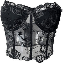 Black Floral Lace Mesh Rose Corset