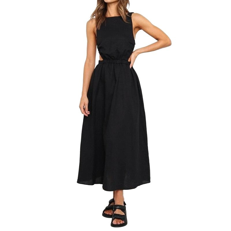 Solid Color Sleeveless Backless Elastic Waist Dress