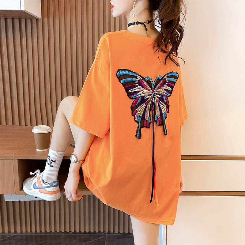 Multicolor Embroidery Butterfly Oversize T-shirt