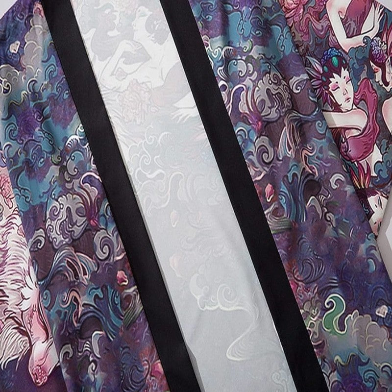 Wolf and Japanese Fairies 3/4 Sleeve Kimono