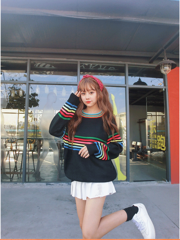 Cute Rainbow Striped Print Knit Sweater