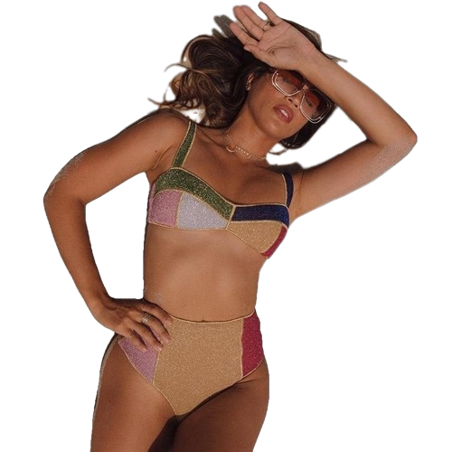 Contrast Color Patchwork High Waist Bikini