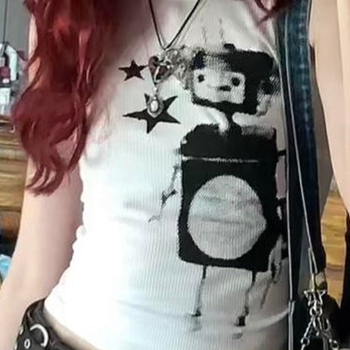 Robot And Stars Print Tank Top