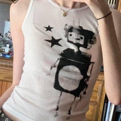 Robot And Stars Print Tank Top