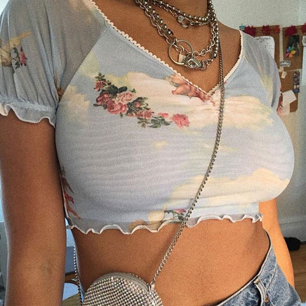 Lettuce Trim See Through Floral Angel Crop Top