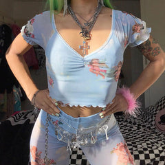 Lettuce Trim See Through Floral Angel Crop Top