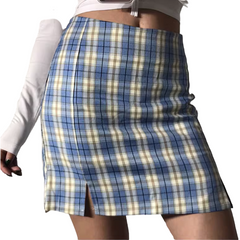 Side Slit Plaid Skirt