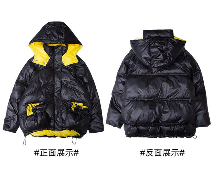 Black and Yellow Padded Loose Detachable Sleeves Hooded Coat