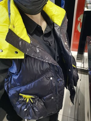 Black and Yellow Padded Loose Detachable Sleeves Hooded Coat