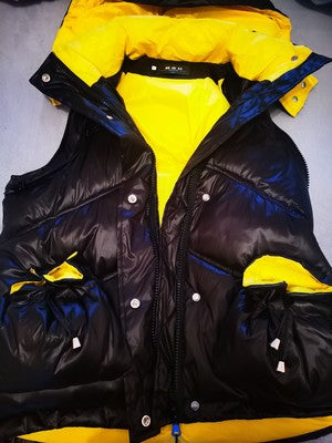 Black and Yellow Padded Loose Detachable Sleeves Hooded Coat