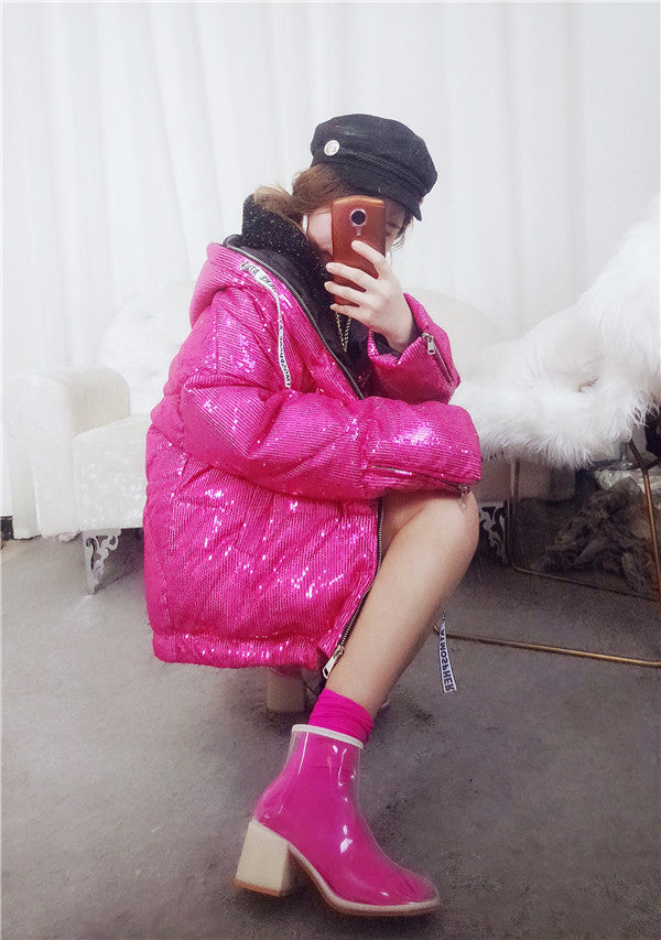 Pink Full Sequins Hologram Winter Hooded Coat