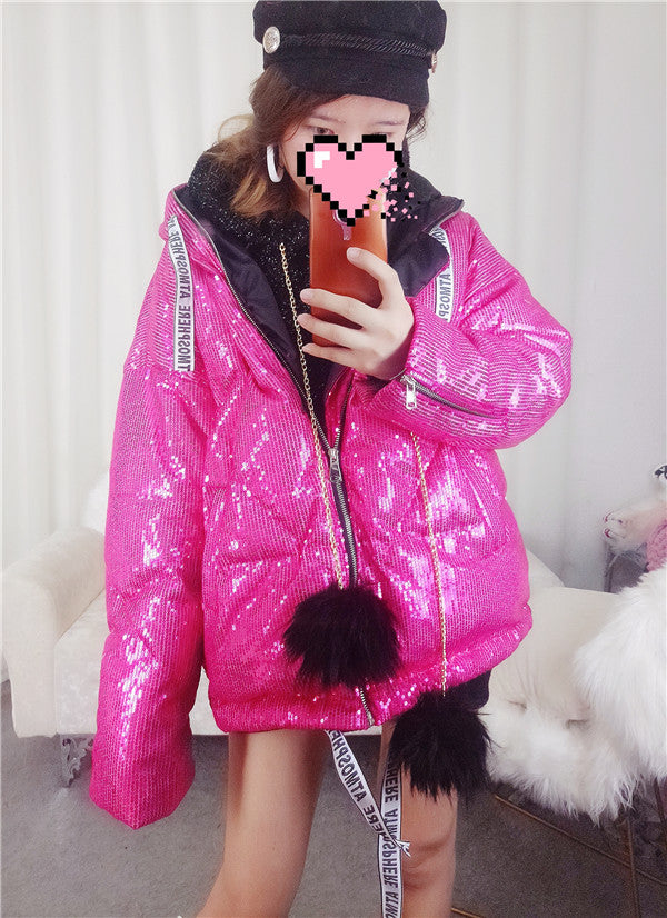 Pink Full Sequins Hologram Winter Hooded Coat