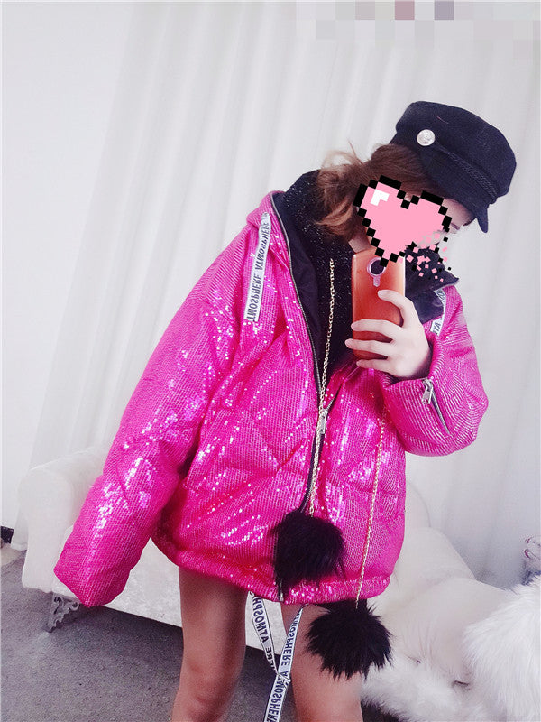 Pink Full Sequins Hologram Winter Hooded Coat