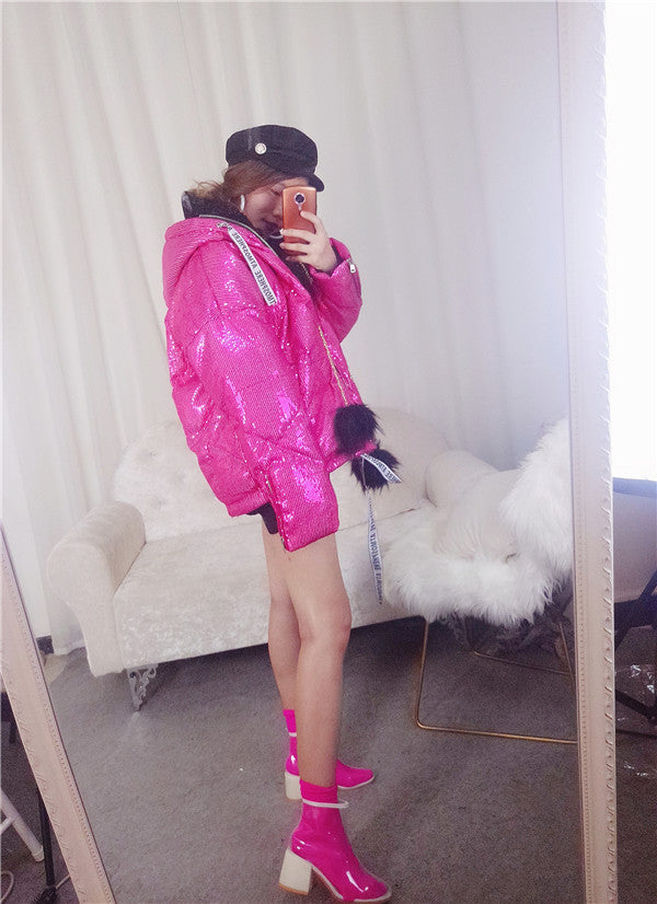 Pink Full Sequins Hologram Winter Hooded Coat