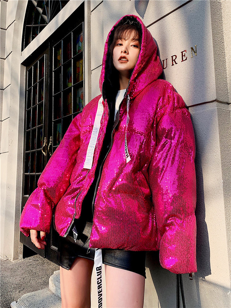 Pink Full Sequins Hologram Winter Hooded Coat