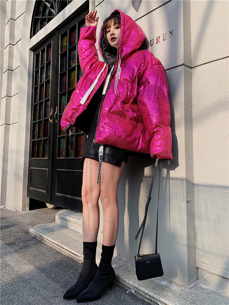 Pink Full Sequins Hologram Winter Hooded Coat