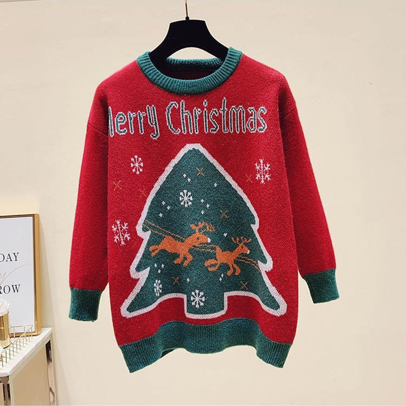 Tree and Santa Claus Loose O-neck Knit Pullover Sweater