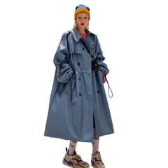 Waterproof Blue PU Leather Trench Coat
