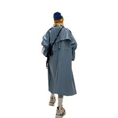 Waterproof Blue PU Leather Trench Coat