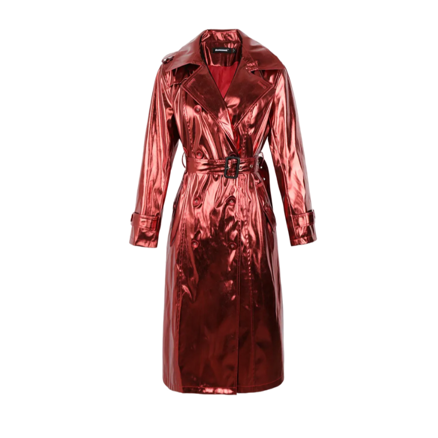 Reflective PU Leather Trench Coat