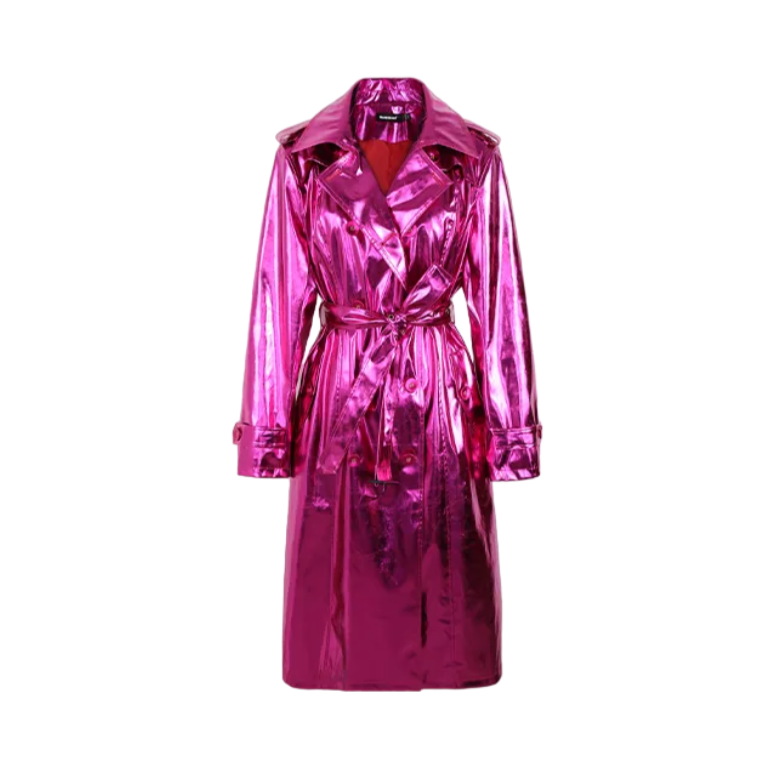 Reflective PU Leather Trench Coat