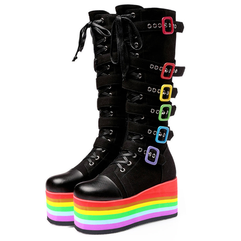 Aesthetic Fashion Rainbow Platform Mid-Calf Boots