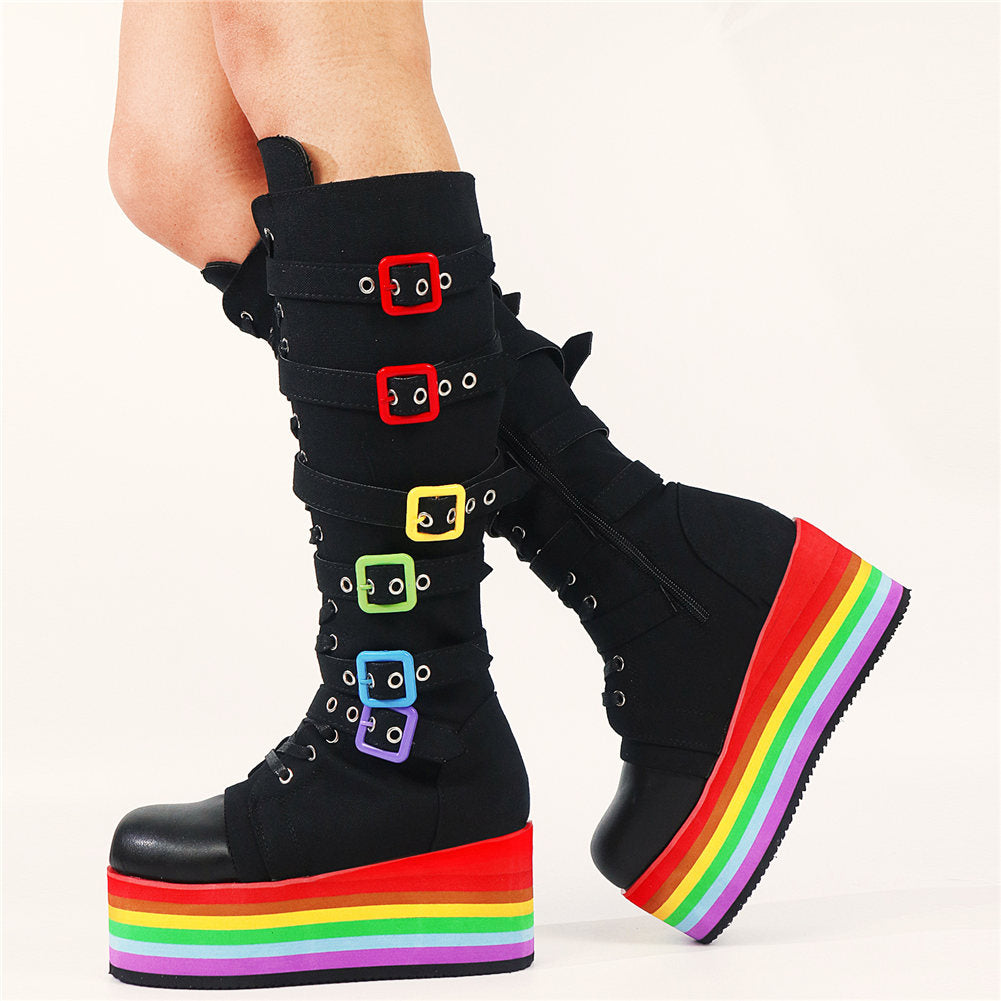 Aesthetic Fashion Rainbow Platform Mid-Calf Boots