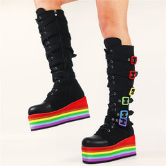 Aesthetic Fashion Rainbow Platform Mid-Calf Boots