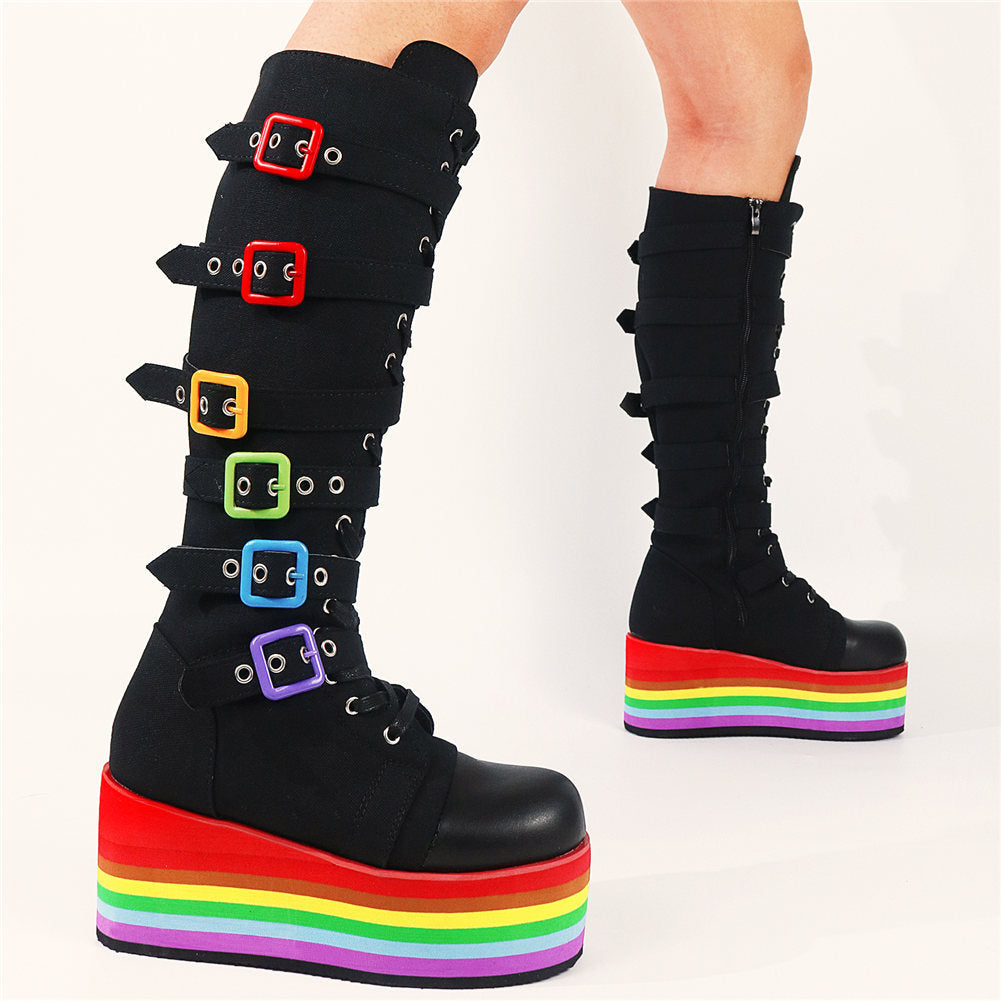 Aesthetic Fashion Rainbow Platform Mid-Calf Boots