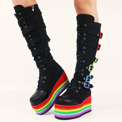 Aesthetic Fashion Rainbow Platform Mid-Calf Boots