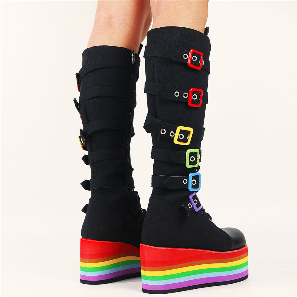 Aesthetic Fashion Rainbow Platform Mid-Calf Boots