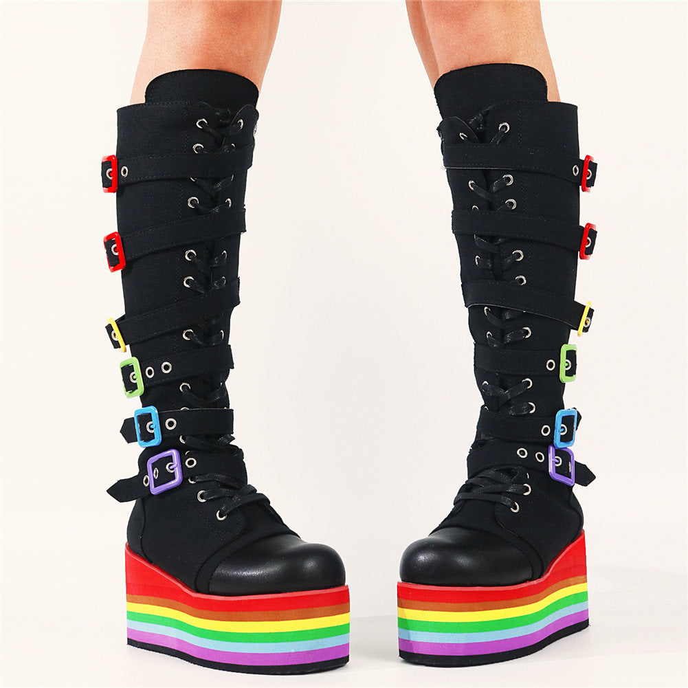 Aesthetic Fashion Rainbow Platform Mid-Calf Boots