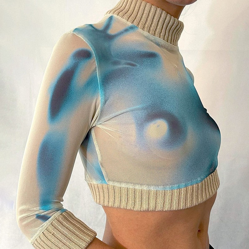 Dourbesty Tie-dyed Knitted Turtleneck Cropped Sweater