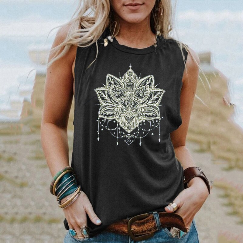 Mandala Lotus Flower Loose Sleeveless T-Shirt