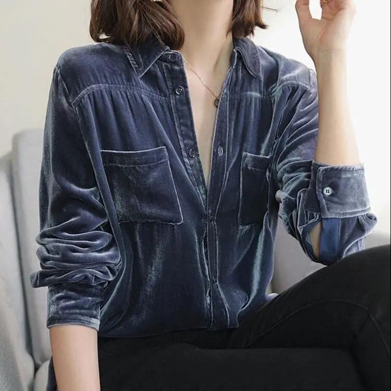 Velvet Pocket Loose Long Sleeve  Shirt