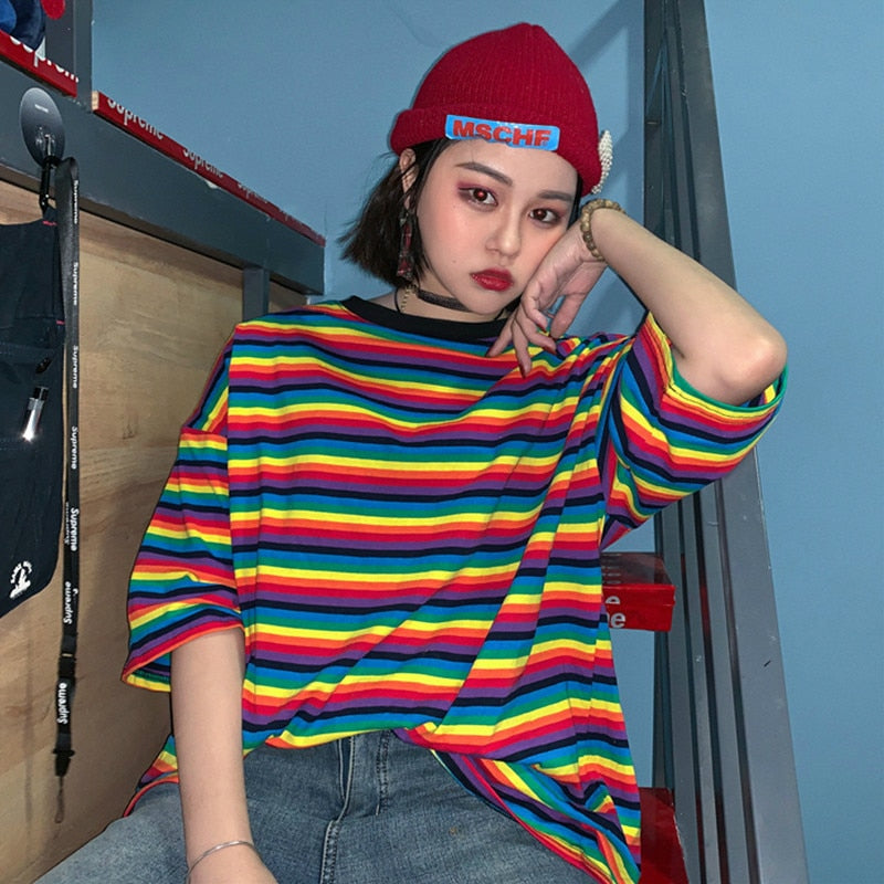 Rainbow Striped O-neck Short Sleeve T-Shirt