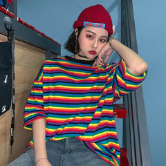 Rainbow Striped O-neck Short Sleeve T-Shirt